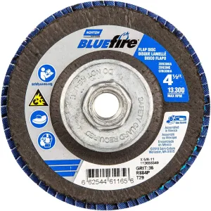 Norton BlueFire, Flap Disc 10-PK, 4-1/2x7/8 36 Grit, T29 Wheel Diameter 4.5 in, Arbor Size 7/8 Wheels (Qty.) 10 Model# 66254461165