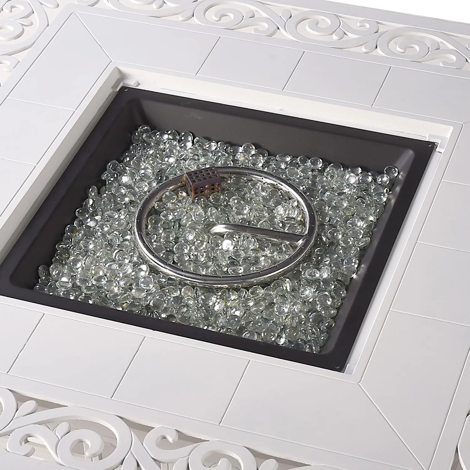 Oakland Living Square 42 in. x 42 in. Aluminum Propane Fire Pit Table with Glass Beads, Two Covers, Lid, 57,000 BTUs in White Finish