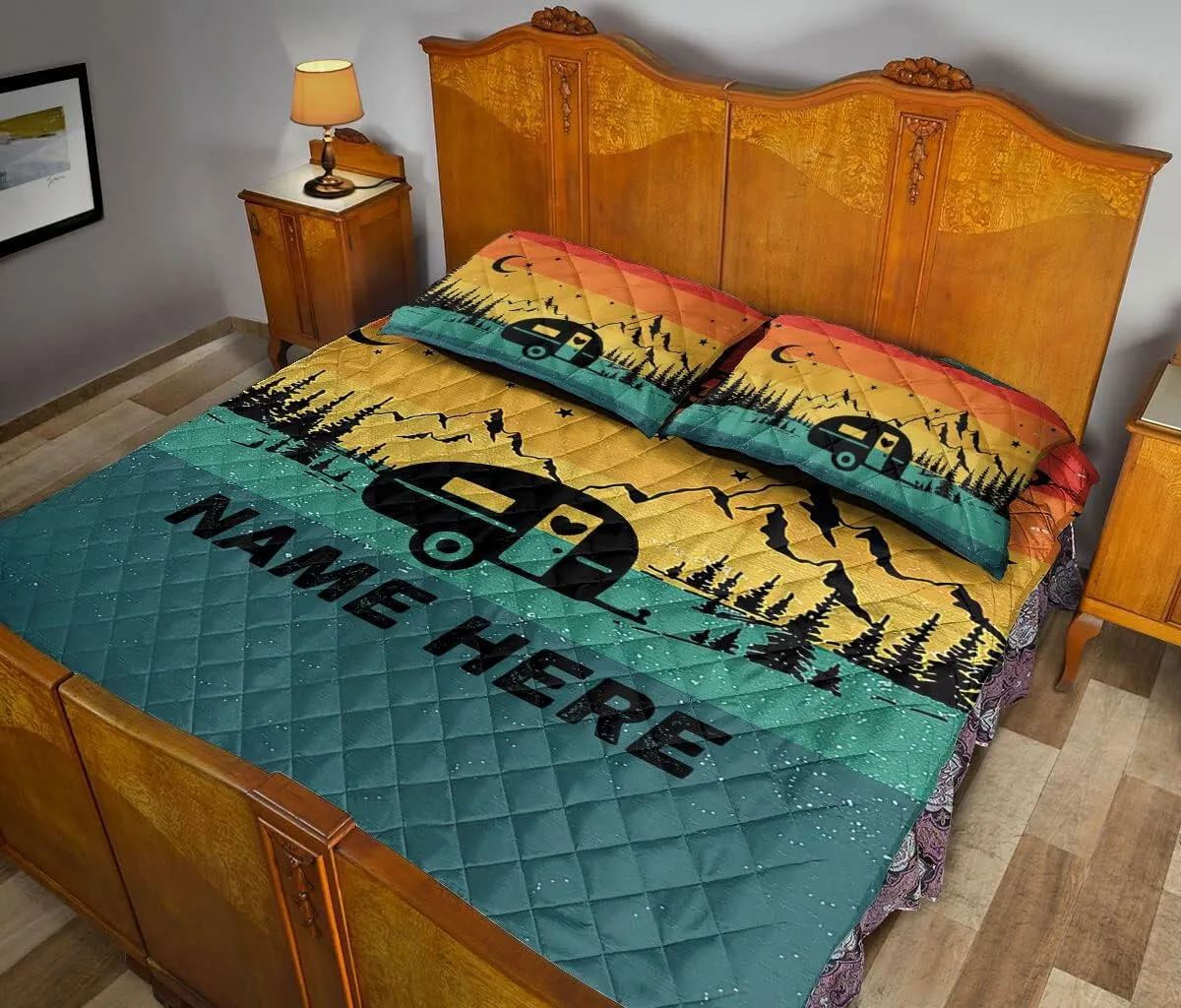 OhaPrints Custom Vintage Sunset Camping Caravan Personalized Name Quilt Blanket & Pillowcases, Quilts Bedding Set & Pillow Cover, King Queen Double Twin Throw Full Size Bedspread Bed Sets