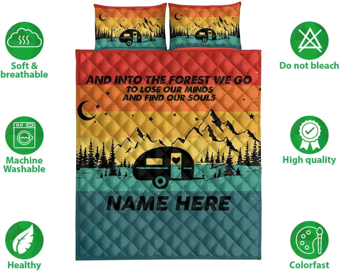 OhaPrints Custom Vintage Sunset Camping Caravan Personalized Name Quilt Blanket & Pillowcases, Quilts Bedding Set & Pillow Cover, King Queen Double Twin Throw Full Size Bedspread Bed Sets