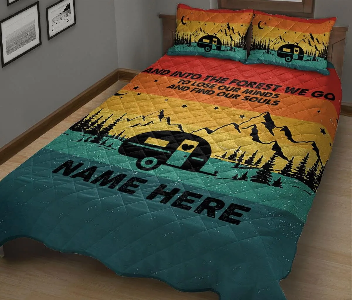 OhaPrints Custom Vintage Sunset Camping Caravan Personalized Name Quilt Blanket & Pillowcases, Quilts Bedding Set & Pillow Cover, King Queen Double Twin Throw Full Size Bedspread Bed Sets