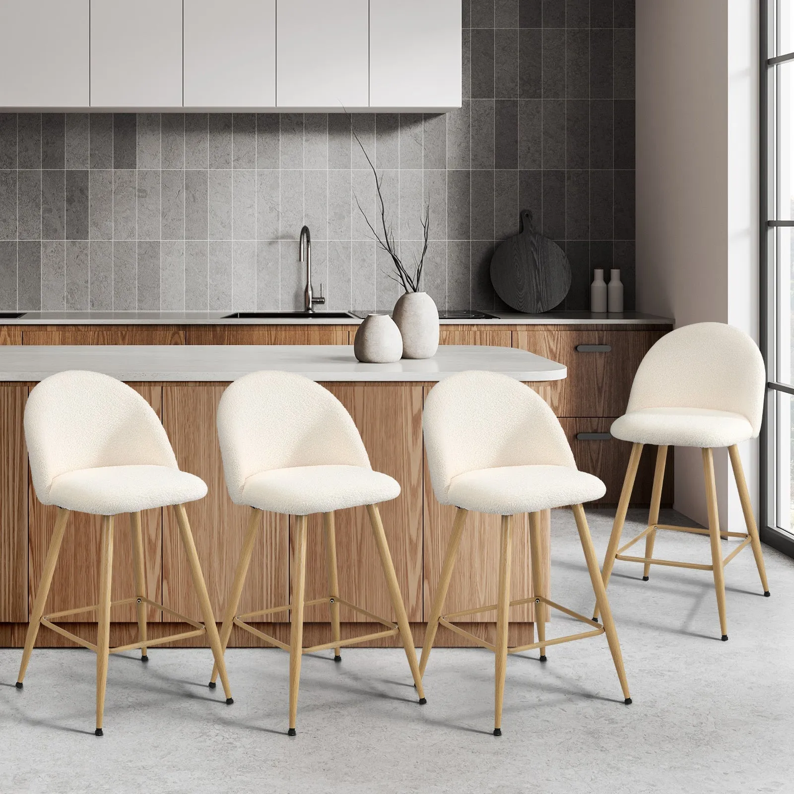 Oikiture 2/4x Bar Stools Kitchen Dining Chairs Counter Stool Boucle Padded