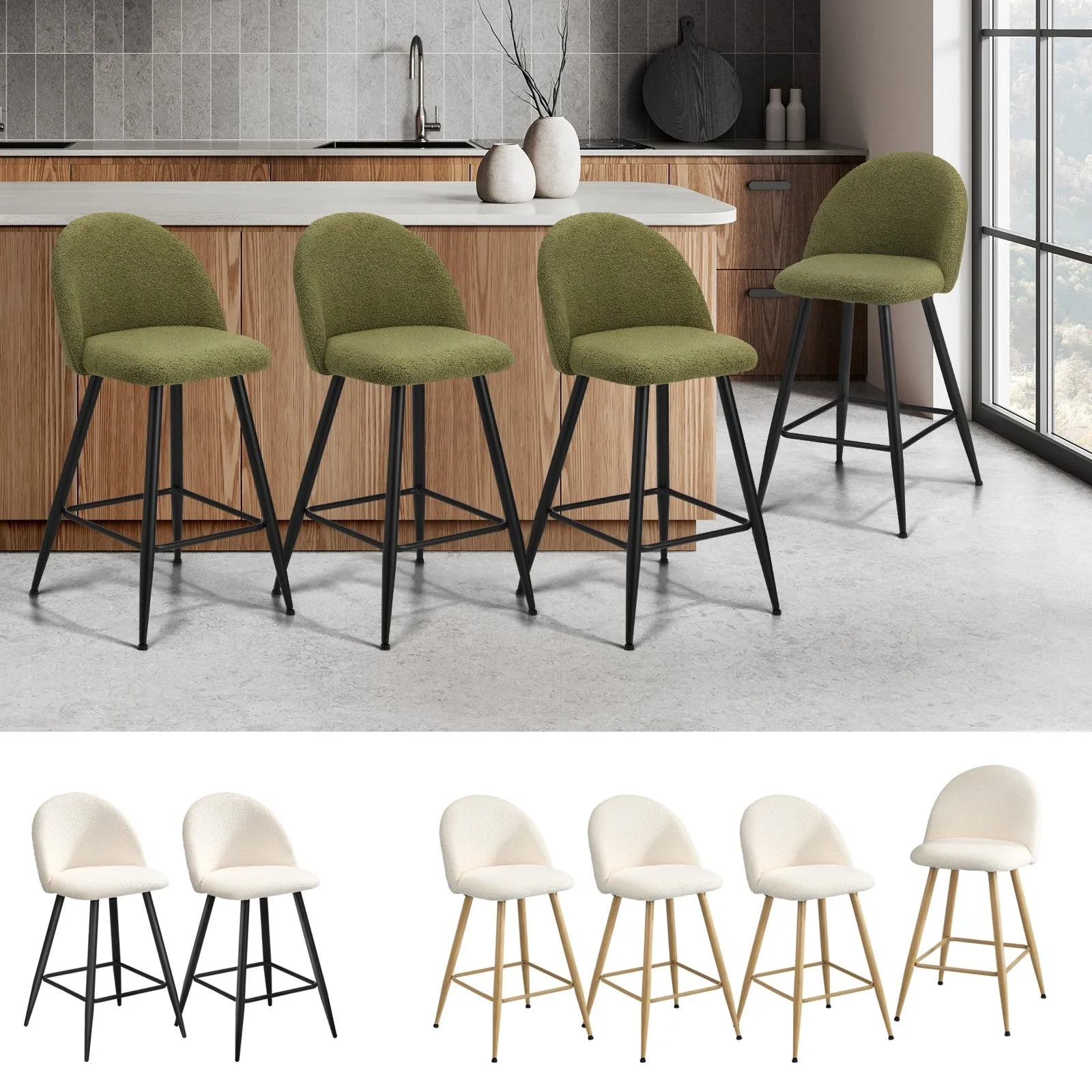 Oikiture 2/4x Bar Stools Kitchen Dining Chairs Counter Stool Boucle Padded