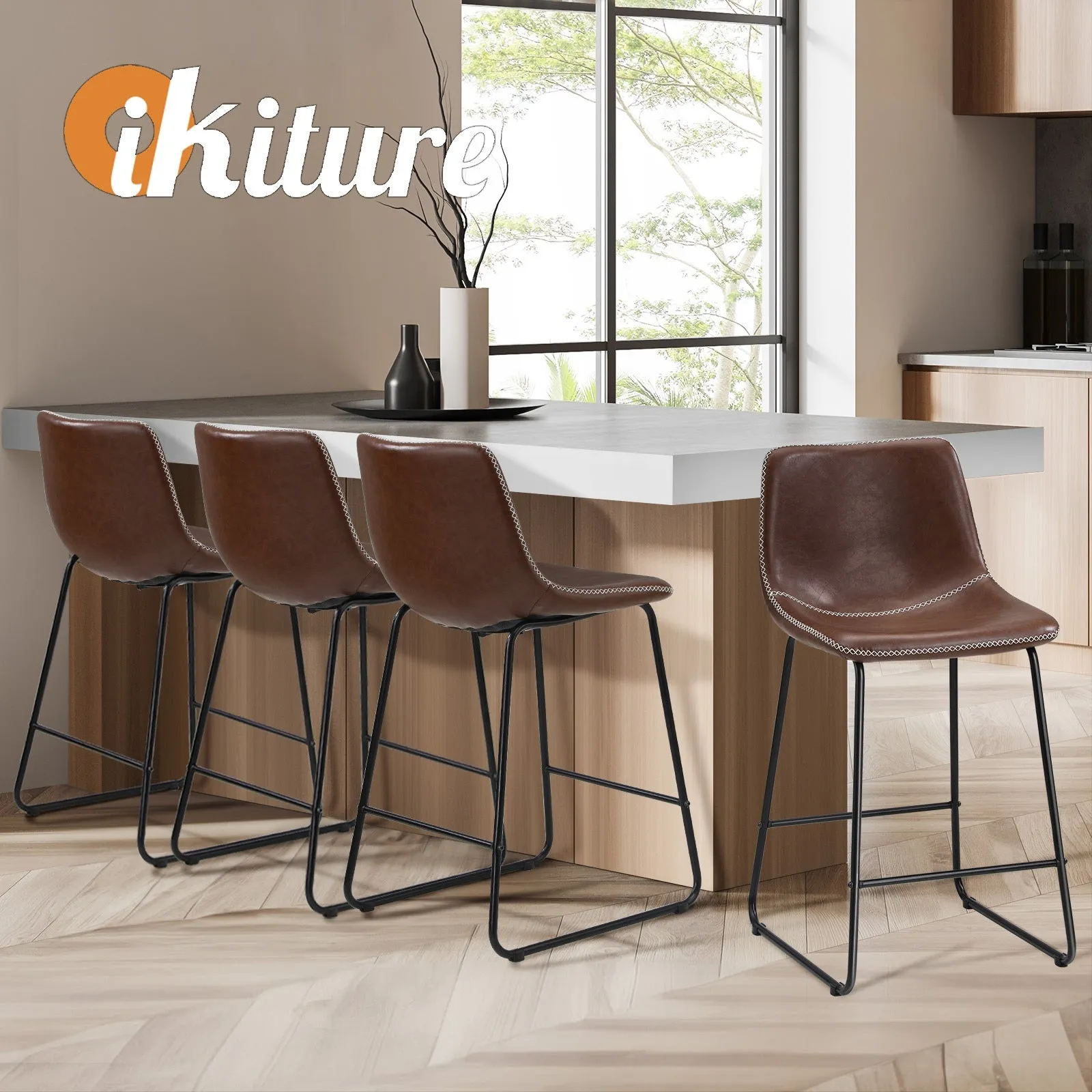 Oikiture 4X Bar Stools Kitchen Dining Chairs Leather Padded Stool Brown