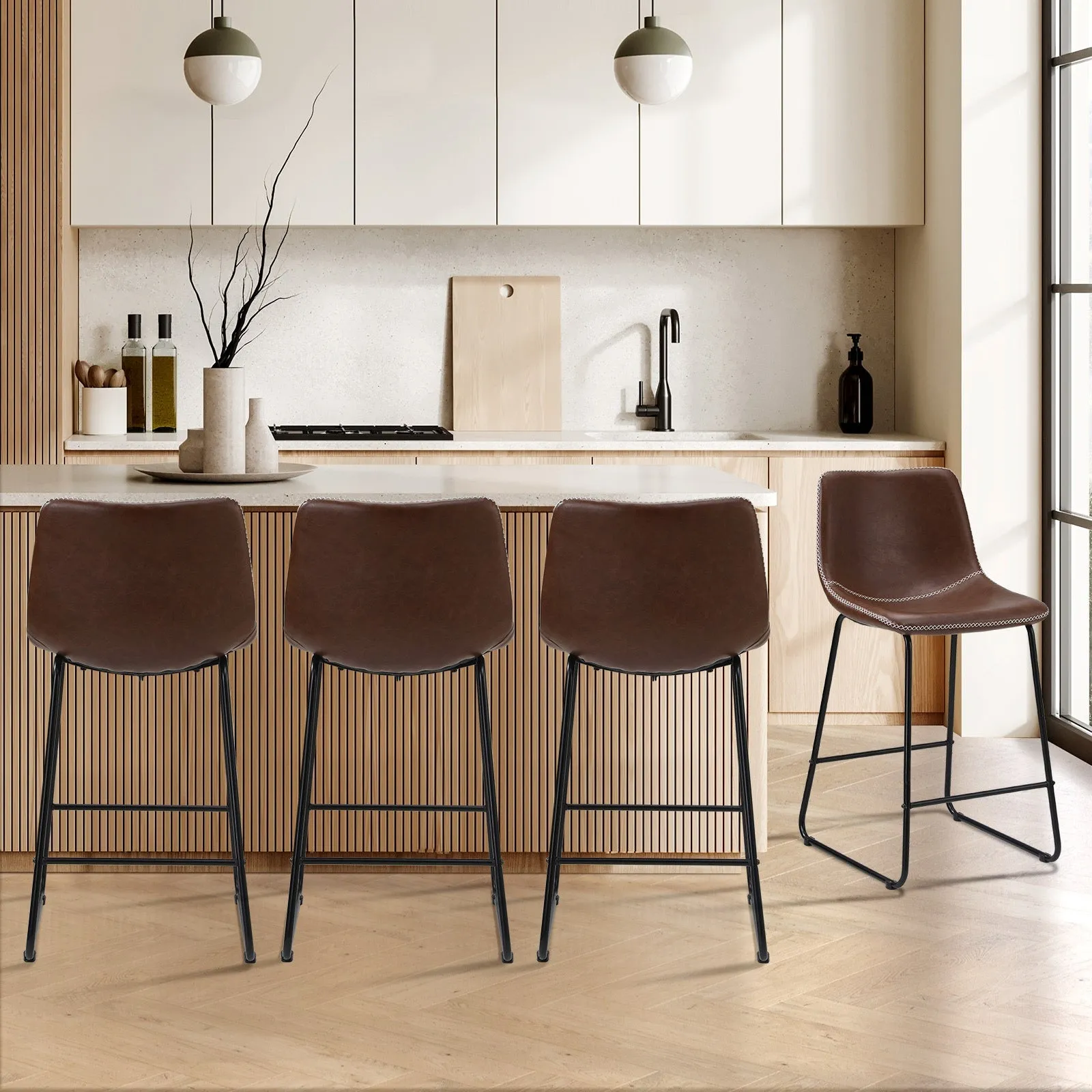 Oikiture 4X Bar Stools Kitchen Dining Chairs Leather Padded Stool Brown