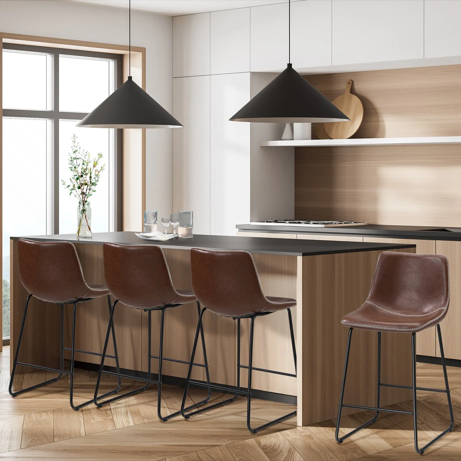 Oikiture 4X Bar Stools Kitchen Dining Chairs Leather Padded Stool Brown