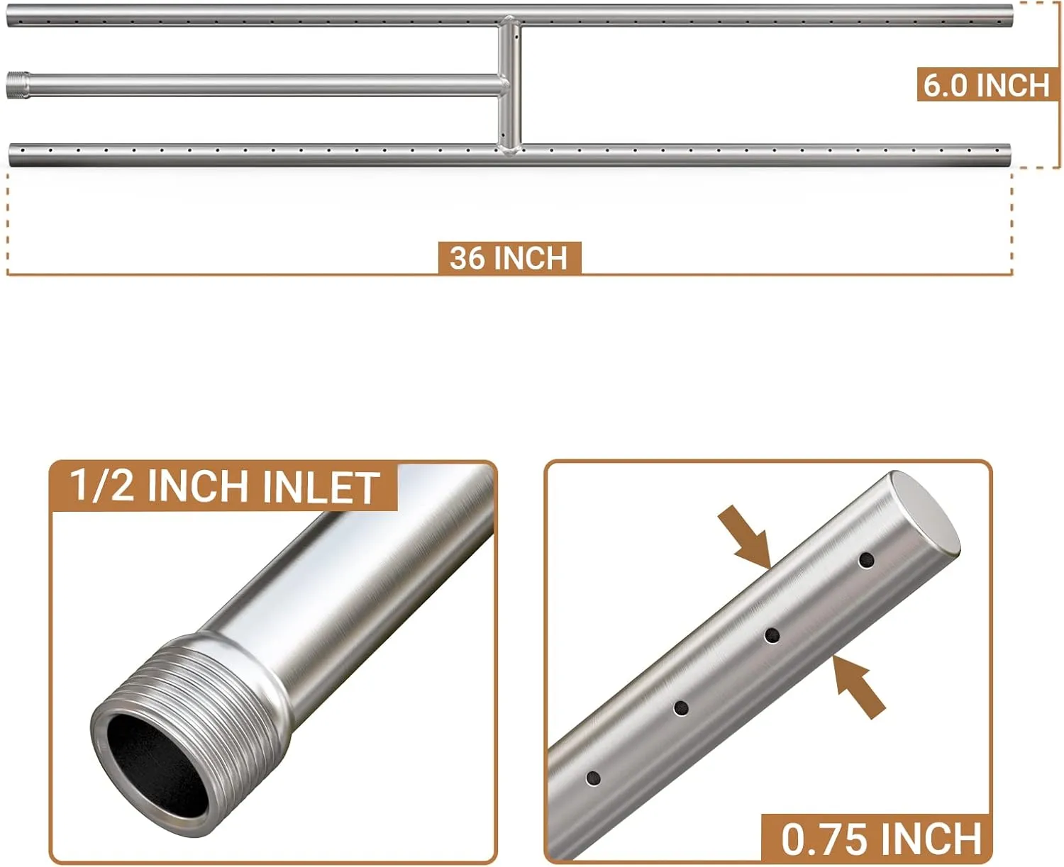 Onlyfire Stainless Steel Fireplace H-Burner for Natural Gas & Propane Fire Pit and Fireplace, 36 x 6 Inch Rectangular DIY Firepit H Burner for Indoor and Outdoor, BTU Max 175,000