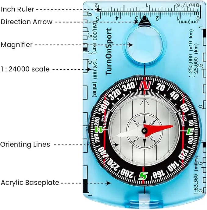 Orienteering Compass Hiking Backpacking Compass | Advanced Scout Compass Camping Navigation - Boy Scout Compass for Kids | Professional Field Compass for Map Reading - Best TurnOnSport Survival Gifts