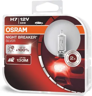 OSRAM NIGHT BREAKER SILVER H7, 100% more brightness, halogen headlamp, 64210NBS-HCB, 12V, passenger car, duo box (2 lamps)