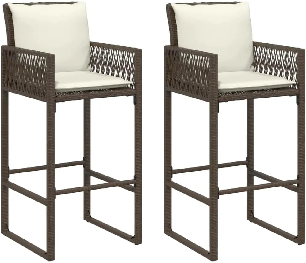 Outdoor Dining Chairs Beach Chair Camping Chairs Kitchen Chairs - Patio Bar Stools with Cushions 2 pcs Brown Poly Rattan for Terrace Garden Outside Campsites
