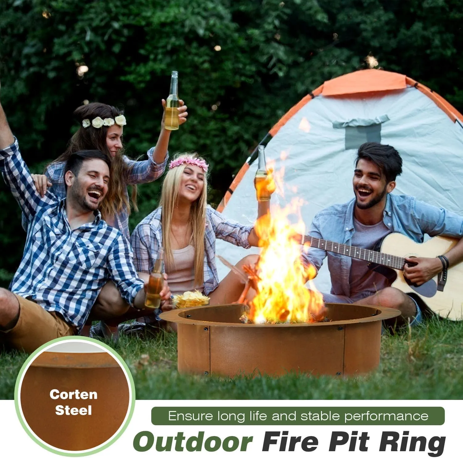 Outdoor Fire Pit Ring-27.5" Outer 23.6" Inter-Round Fire Pit Insert-Corten Steel Firepit Liner Heavy Duty Metal Camping Fire Ring Above or In-Ground for Backyard Garden Bonfire
