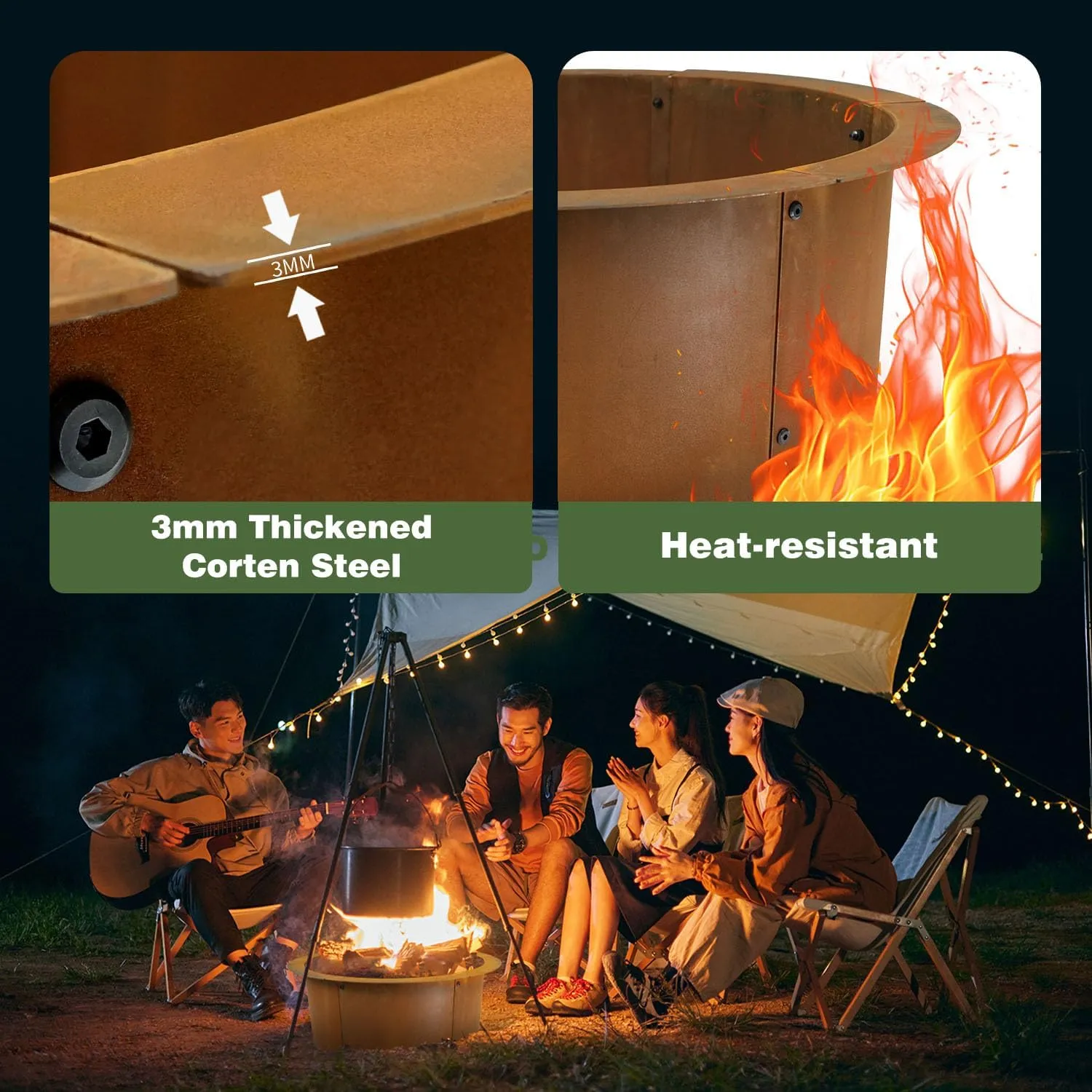 Outdoor Fire Pit Ring-27.5" Outer 23.6" Inter-Round Fire Pit Insert-Corten Steel Firepit Liner Heavy Duty Metal Camping Fire Ring Above or In-Ground for Backyard Garden Bonfire