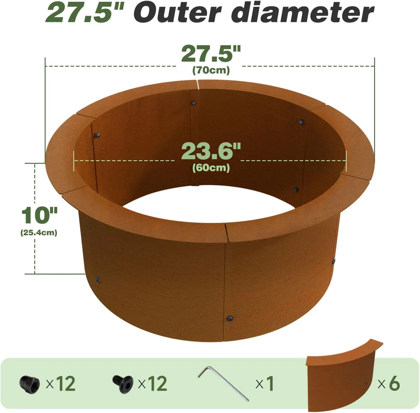 Outdoor Fire Pit Ring-27.5" Outer 23.6" Inter-Round Fire Pit Insert-Corten Steel Firepit Liner Heavy Duty Metal Camping Fire Ring Above or In-Ground for Backyard Garden Bonfire
