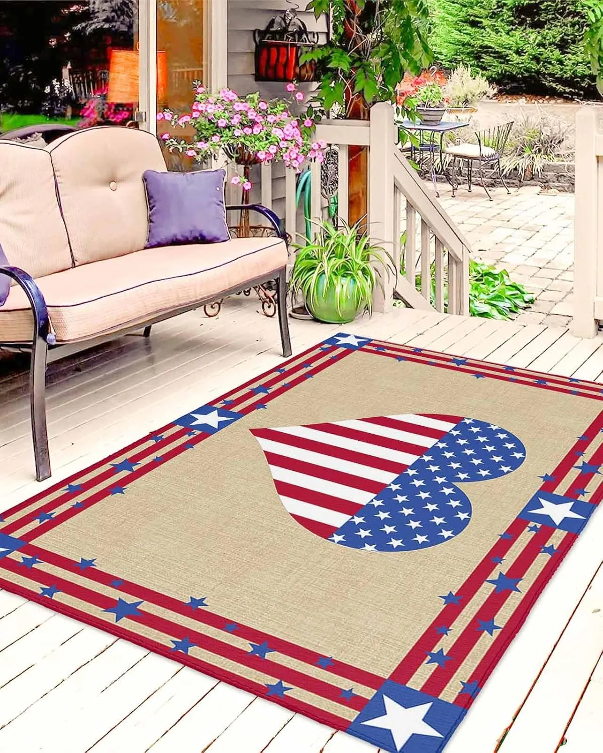 Outdoor Rug,US Flag Love Star Independence Day Star Strip Indoor Area Rug Outdoor Carpet RV Camping Rugs 5x8ft,Cotton Texture Outside Mat for Patio Picnic Porch Deck Balcony Backyard