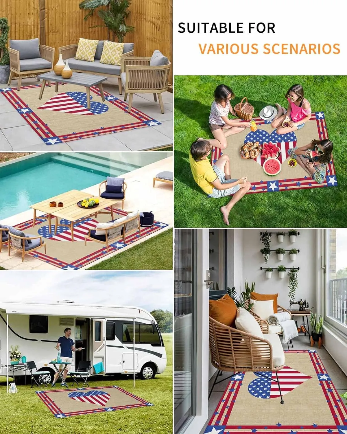 Outdoor Rug,US Flag Love Star Independence Day Star Strip Indoor Area Rug Outdoor Carpet RV Camping Rugs 5x8ft,Cotton Texture Outside Mat for Patio Picnic Porch Deck Balcony Backyard