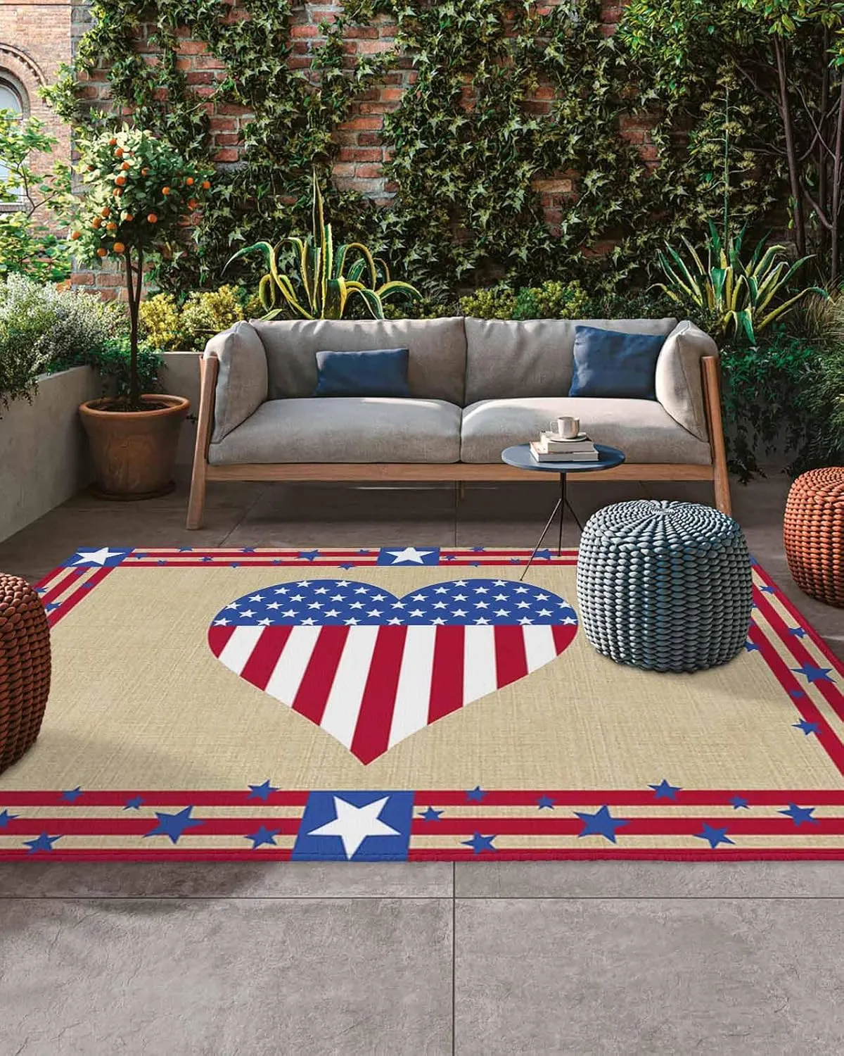 Outdoor Rug,US Flag Love Star Independence Day Star Strip Indoor Area Rug Outdoor Carpet RV Camping Rugs 5x8ft,Cotton Texture Outside Mat for Patio Picnic Porch Deck Balcony Backyard