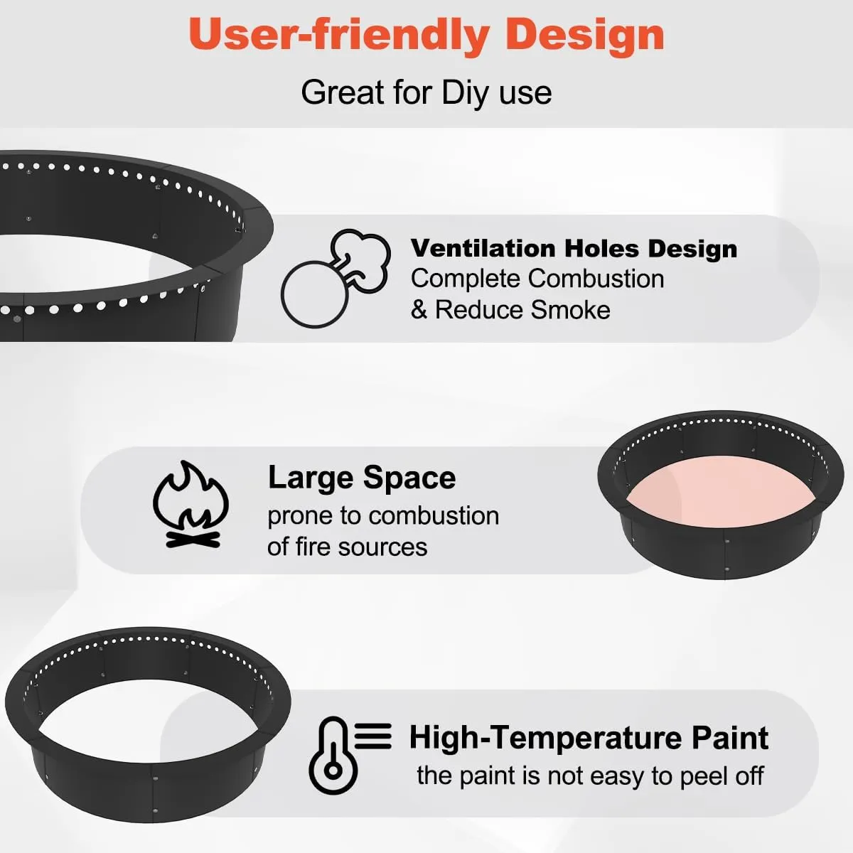 Outdoor Smokeless Fire Pit Ring Liner 32-Inch Outer/28-Inch Inner Diameter, Heavy Duty Solid Metal Steel Round Firepit Rim Insert for Outside DIY Campfire Ring Above or In-Ground, Black