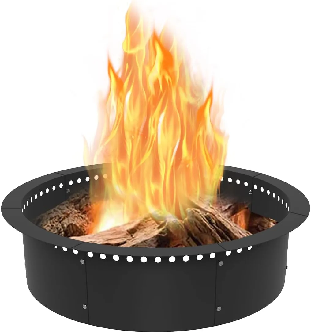 Outdoor Smokeless Fire Pit Ring Liner 32-Inch Outer/28-Inch Inner Diameter, Heavy Duty Solid Metal Steel Round Firepit Rim Insert for Outside DIY Campfire Ring Above or In-Ground, Black
