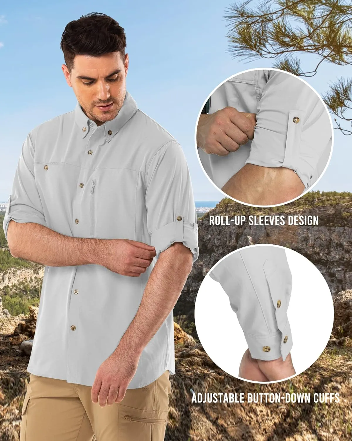 Outdoor Ventures Men's Long Sleeve Hiking Shirt UPF 50 UV Sun Protection Shirt Cooling Quick Dry for Travel Fishing Safari