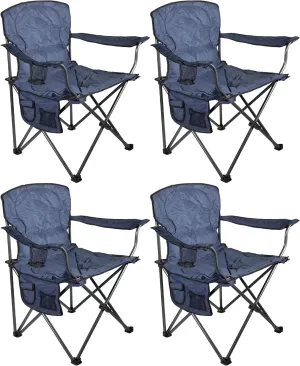 Oversized Portable Padded Seat Outdoor Folding Supportive Arm Chairs with Cup Holder and Storage Pocket, 4 Pack, Blue