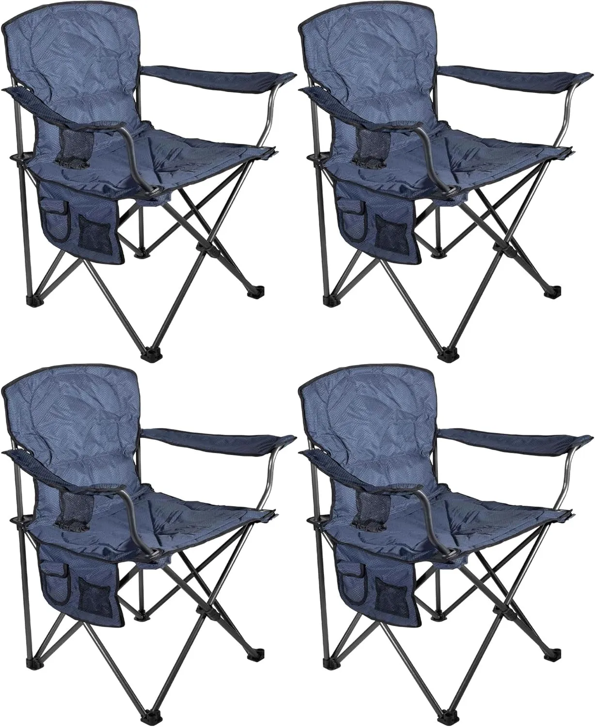 Oversized Portable Padded Seat Outdoor Folding Supportive Arm Chairs with Cup Holder and Storage Pocket, 4 Pack, Blue