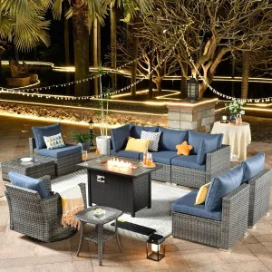 ovios 10 Piece Outdoor Patio Furniture Set with Fire Pit Table,Conversation Sectional Wicker Couch with Swivel Chairs,Modern Outside Sofa for Balcony Backyard, Blue