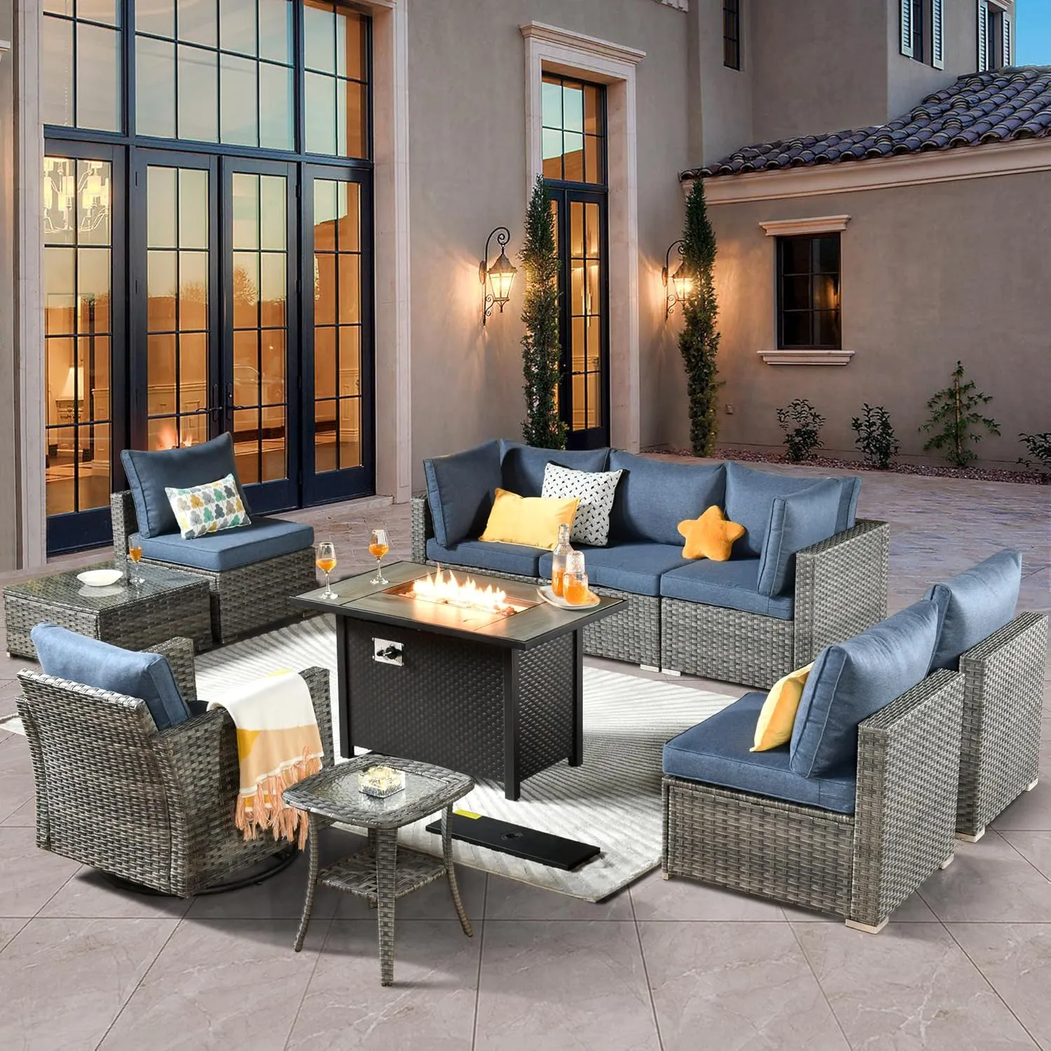 ovios 10 Piece Outdoor Patio Furniture Set with Fire Pit Table,Conversation Sectional Wicker Couch with Swivel Chairs,Modern Outside Sofa for Balcony Backyard, Blue