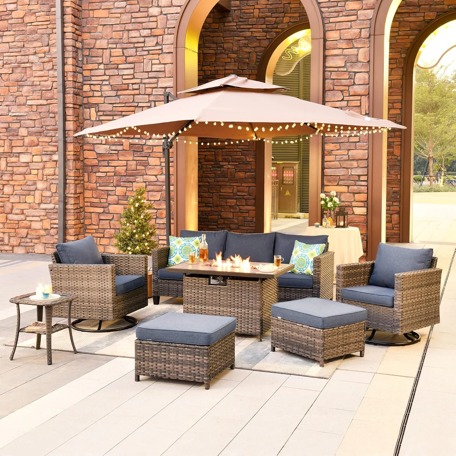 ovios 7 Pieces Patio Furniture Set with Rectangular Fire Pit Table, Swivel Rocking Chairs, Outdoor High Back Wicker Rattan Conversation Set for Deck Porch, Denim Blue