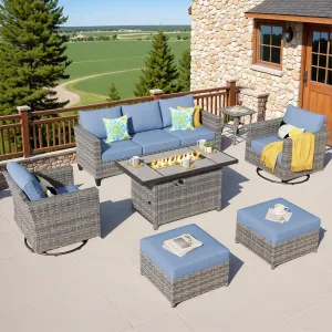 ovios 7 Pieces Patio Furniture Set with Rectangular Fire Pit Table, Swivel Rocking Chairs, Outdoor High Back Wicker Rattan Conversation Set for Deck Porch, Denim Blue