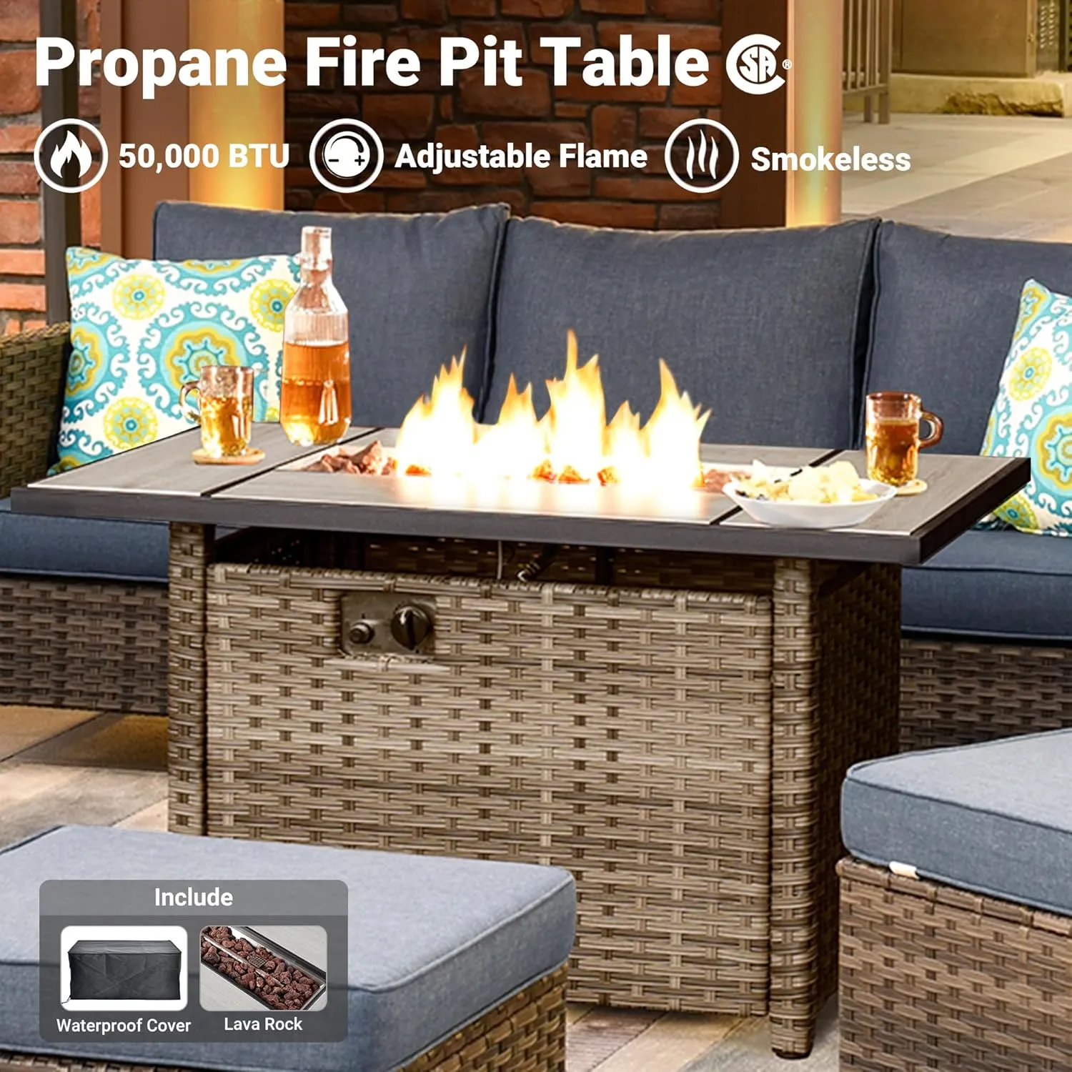 ovios 7 Pieces Patio Furniture Set with Rectangular Fire Pit Table, Swivel Rocking Chairs, Outdoor High Back Wicker Rattan Conversation Set for Deck Porch, Denim Blue