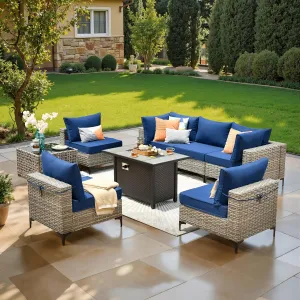ovios 8 Pcs Patio Furniture with Fire Pit Table, Outdoor Rattan Wicker Conversation Set with Glowing Coffee Table, Comfy Sectional Sofa for Porch Balcony Backyard Pool, Blue