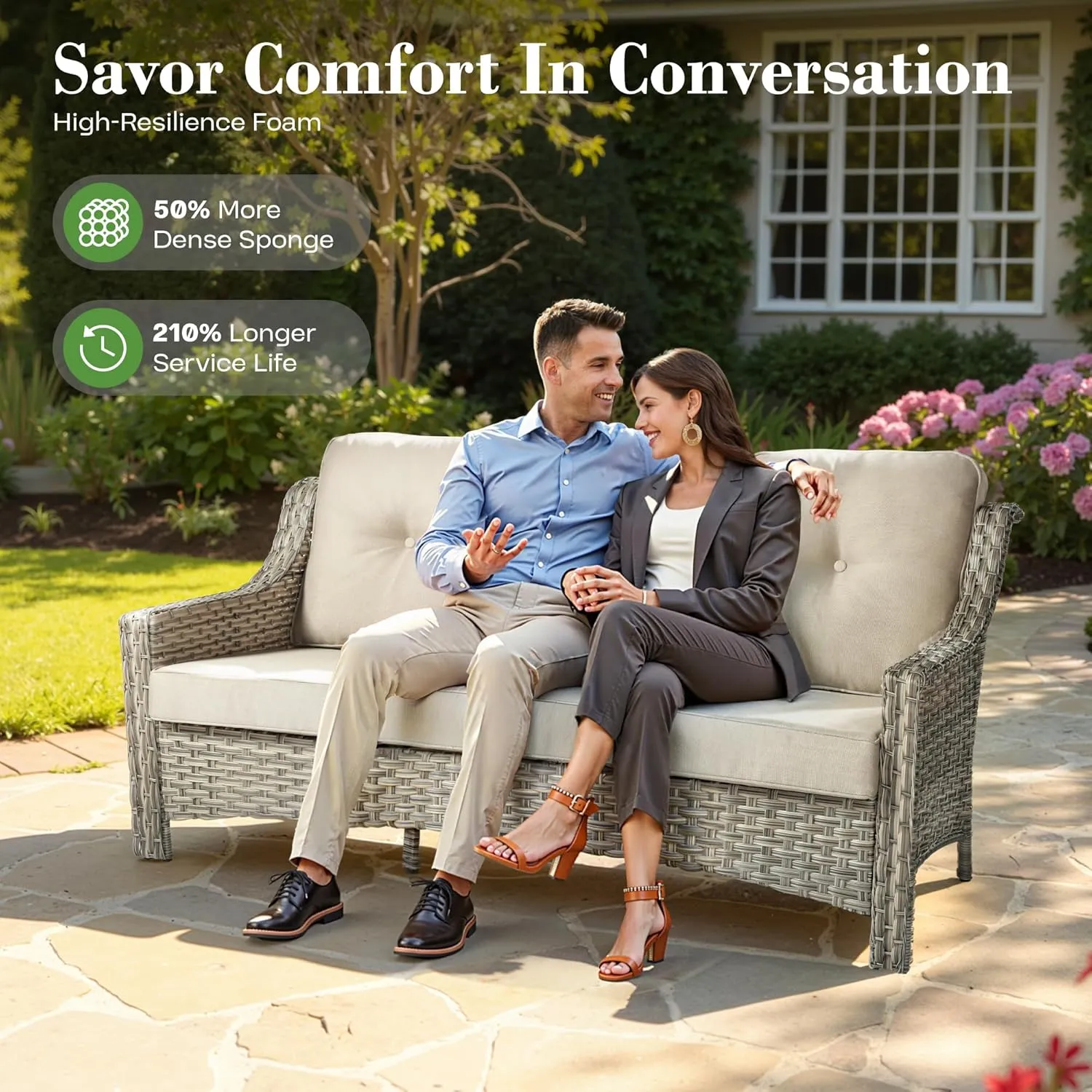 ovios Outdoor 10 Piece Patio Furniture with 54in Fire Pit Table,Wicker Coversation Set with Swivel Rocking Chair,Comfy Sectional Deep Sofa with Ottoman for Outside Porch Balcony Backyard,Beige