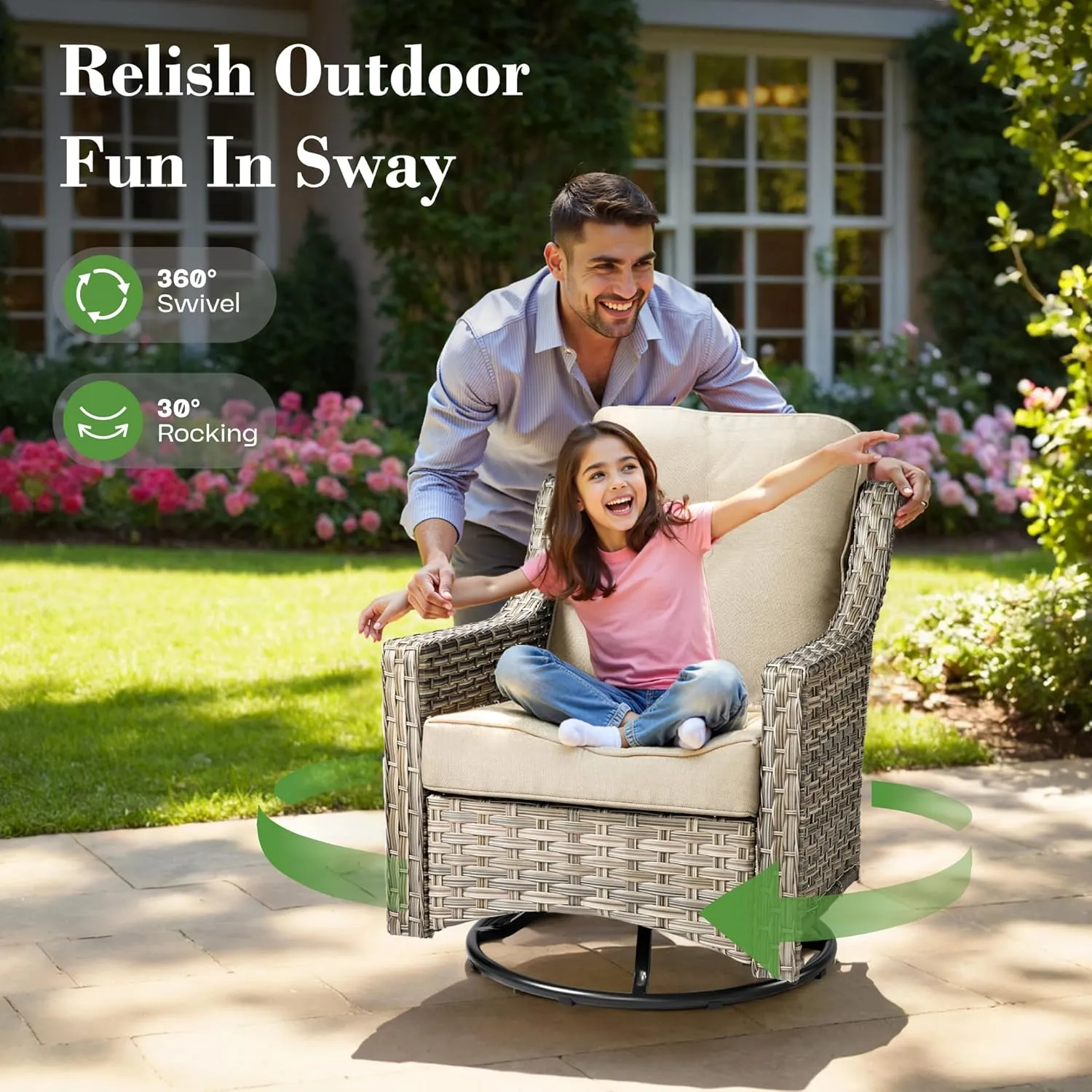 ovios Outdoor 10 Piece Patio Furniture with 54in Fire Pit Table,Wicker Coversation Set with Swivel Rocking Chair,Comfy Sectional Deep Sofa with Ottoman for Outside Porch Balcony Backyard,Beige