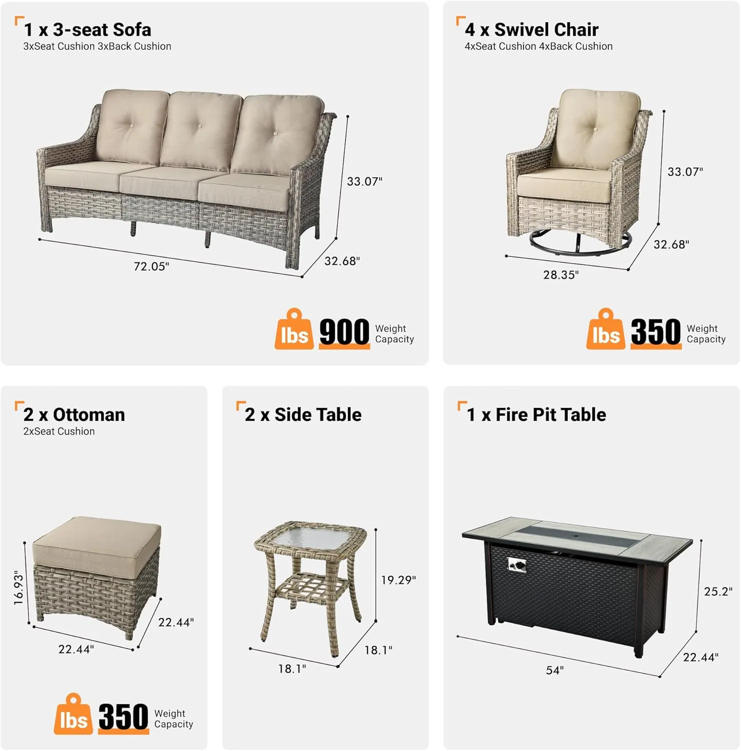 ovios Outdoor 10 Piece Patio Furniture with 54in Fire Pit Table,Wicker Coversation Set with Swivel Rocking Chair,Comfy Sectional Deep Sofa with Ottoman for Outside Porch Balcony Backyard,Beige