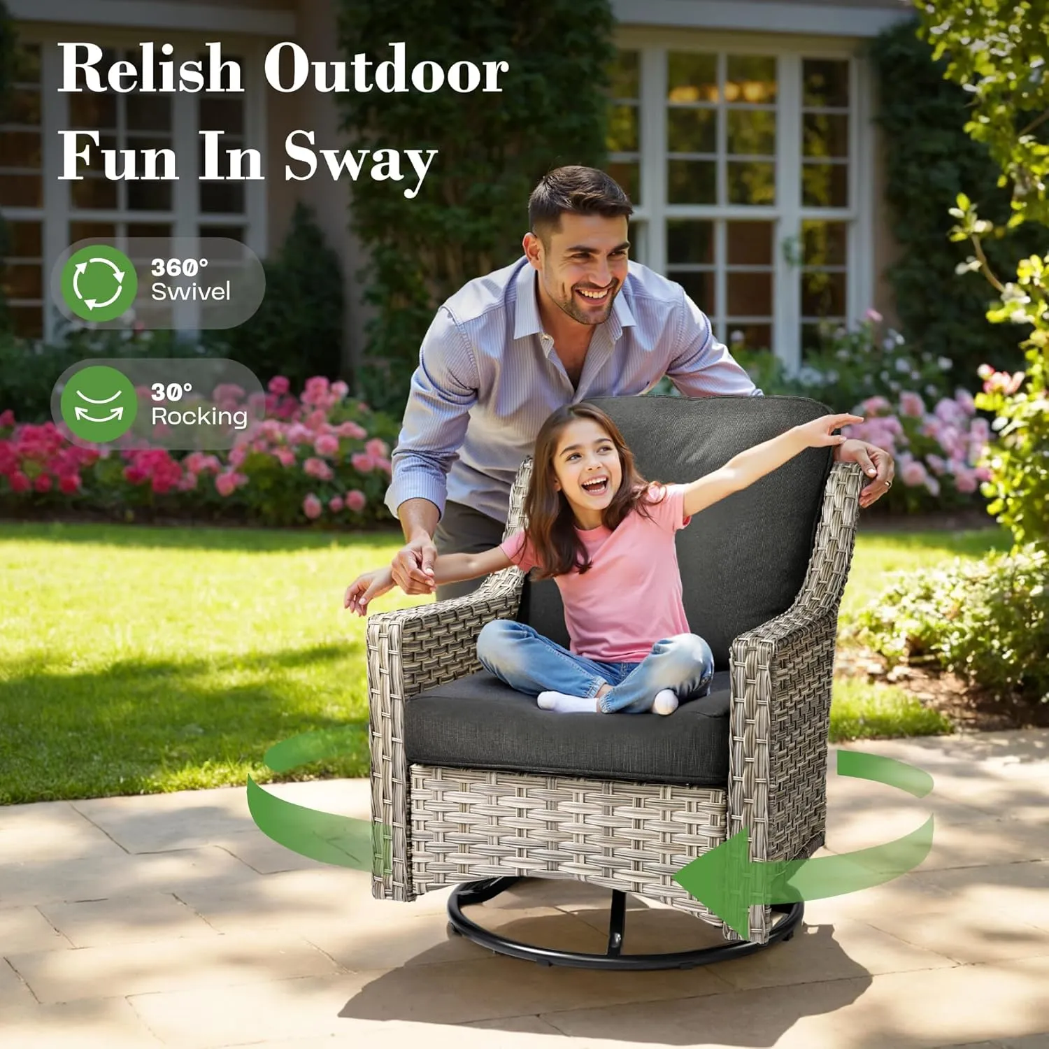 ovios Outdoor 5 Piece Patio Furniture with Fire Pit Table,Wicker Coversation Set with Swivel Rocking Chair,Comfy Sectional Deep Sofa for Outside Porch Balcony Backyard Pool,Black