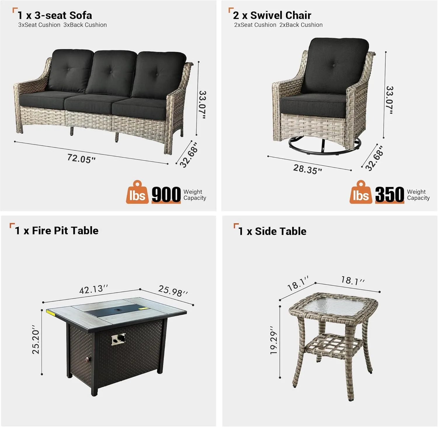 ovios Outdoor 5 Piece Patio Furniture with Fire Pit Table,Wicker Coversation Set with Swivel Rocking Chair,Comfy Sectional Deep Sofa for Outside Porch Balcony Backyard Pool,Black