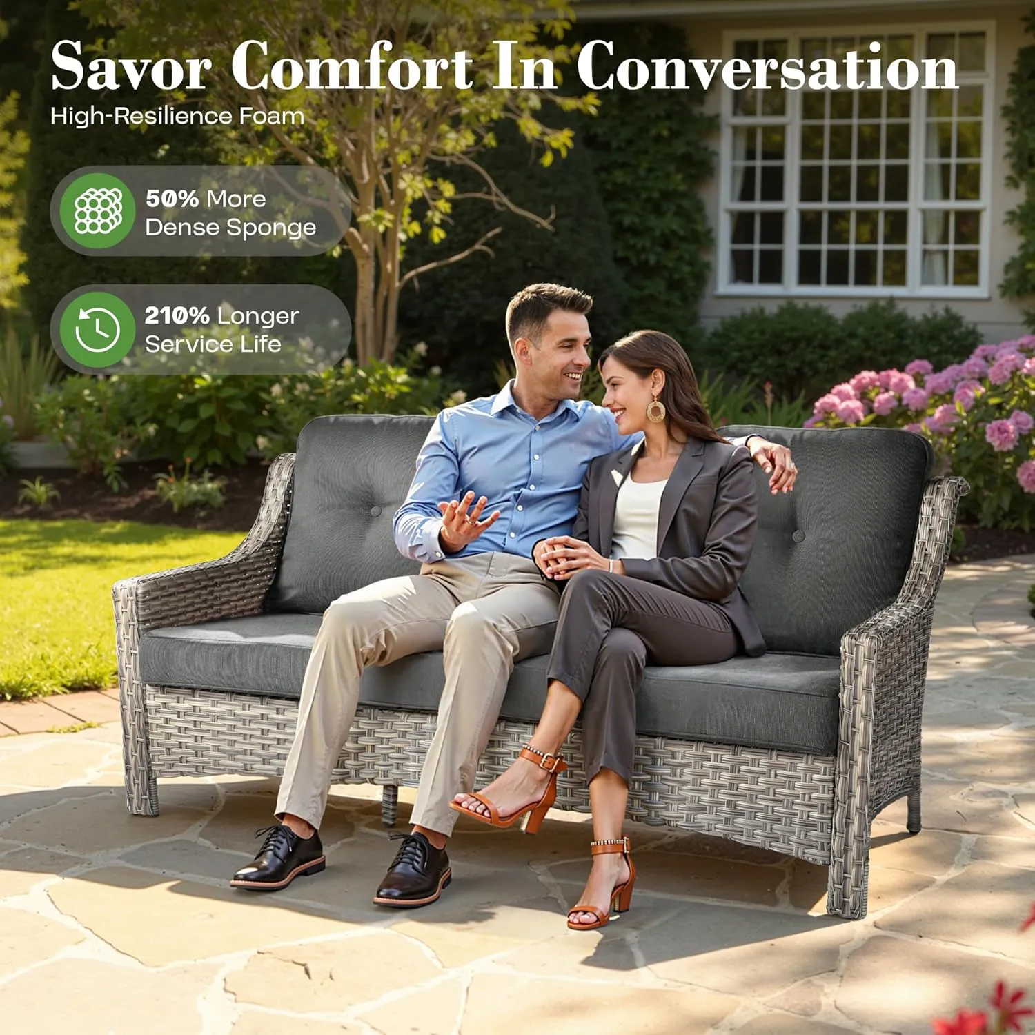 ovios Outdoor 5 Piece Patio Furniture with Fire Pit Table,Wicker Coversation Set with Swivel Rocking Chair,Comfy Sectional Deep Sofa for Outside Porch Balcony Backyard Pool,Black