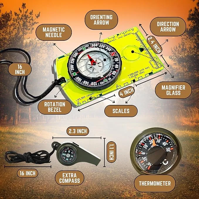 Pack of 2 Orienteering Compass Hiking-Compasses boy Scout Kids- Magnetic Gear Set Navigation map- Brujulas orientacion-Backpacking Camping Hunting Survival.