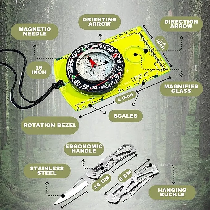Pack of 2 Orienteering Compass Hiking-Compasses boy Scout Kids- Magnetic Gear Set Navigation map- Brujulas orientacion-Backpacking Camping Hunting Survival.