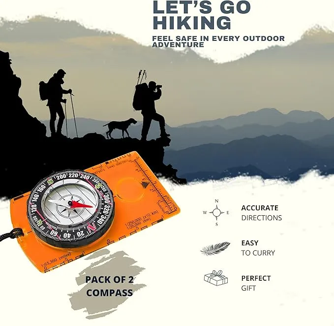 Pack of 2 Orienteering Compass Hiking-Compasses boy Scout Kids- Magnetic Gear Set Navigation map- Brujulas orientacion-Backpacking Camping Hunting Survival.