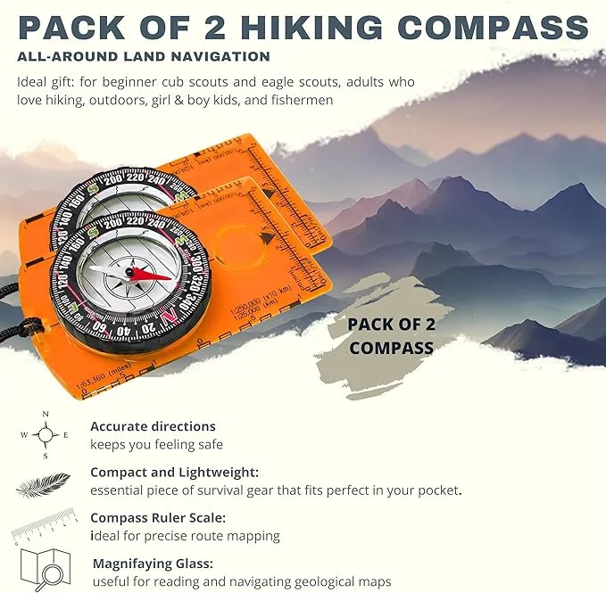 Pack of 2 Orienteering Compass Hiking-Compasses boy Scout Kids- Magnetic Gear Set Navigation map- Brujulas orientacion-Backpacking Camping Hunting Survival.