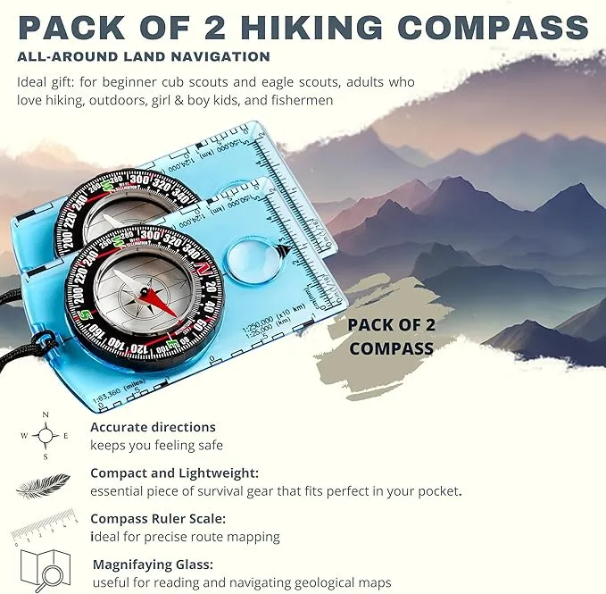 Pack of 2 Orienteering Compass Hiking-Compasses boy Scout Kids- Magnetic Gear Set Navigation map- Brujulas orientacion-Backpacking Camping Hunting Survival.