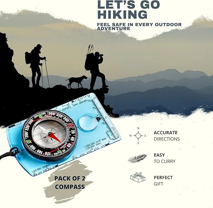 Pack of 2 Orienteering Compass Hiking-Compasses boy Scout Kids- Magnetic Gear Set Navigation map- Brujulas orientacion-Backpacking Camping Hunting Survival.