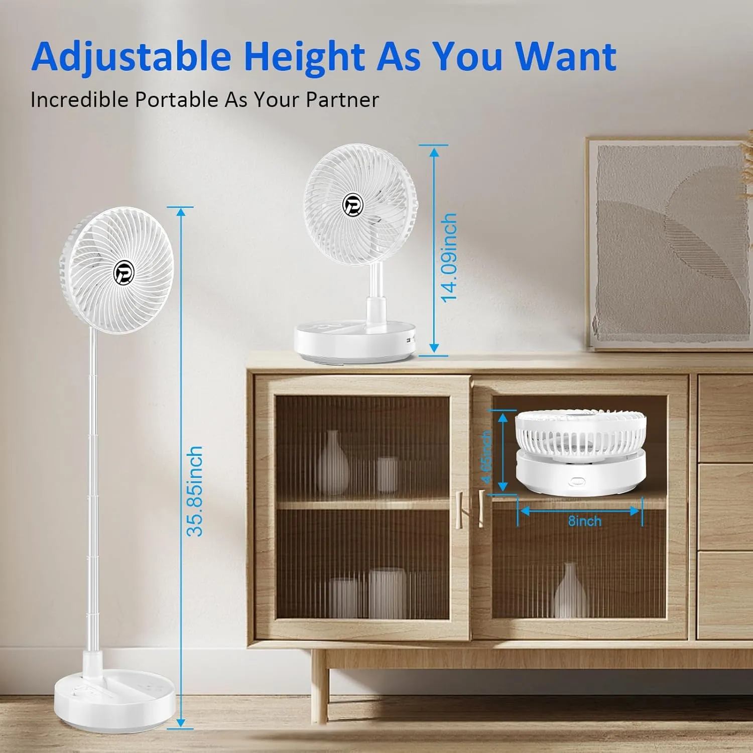 PANERGY Portable Rechargeable Stand Fan with 10000mAh Battery, 8" Folding Pedestal Fan for Bedroom, Travel, and Outdoor Use, USB-Powered Oscillating Floor Fan with Quiet Cooling