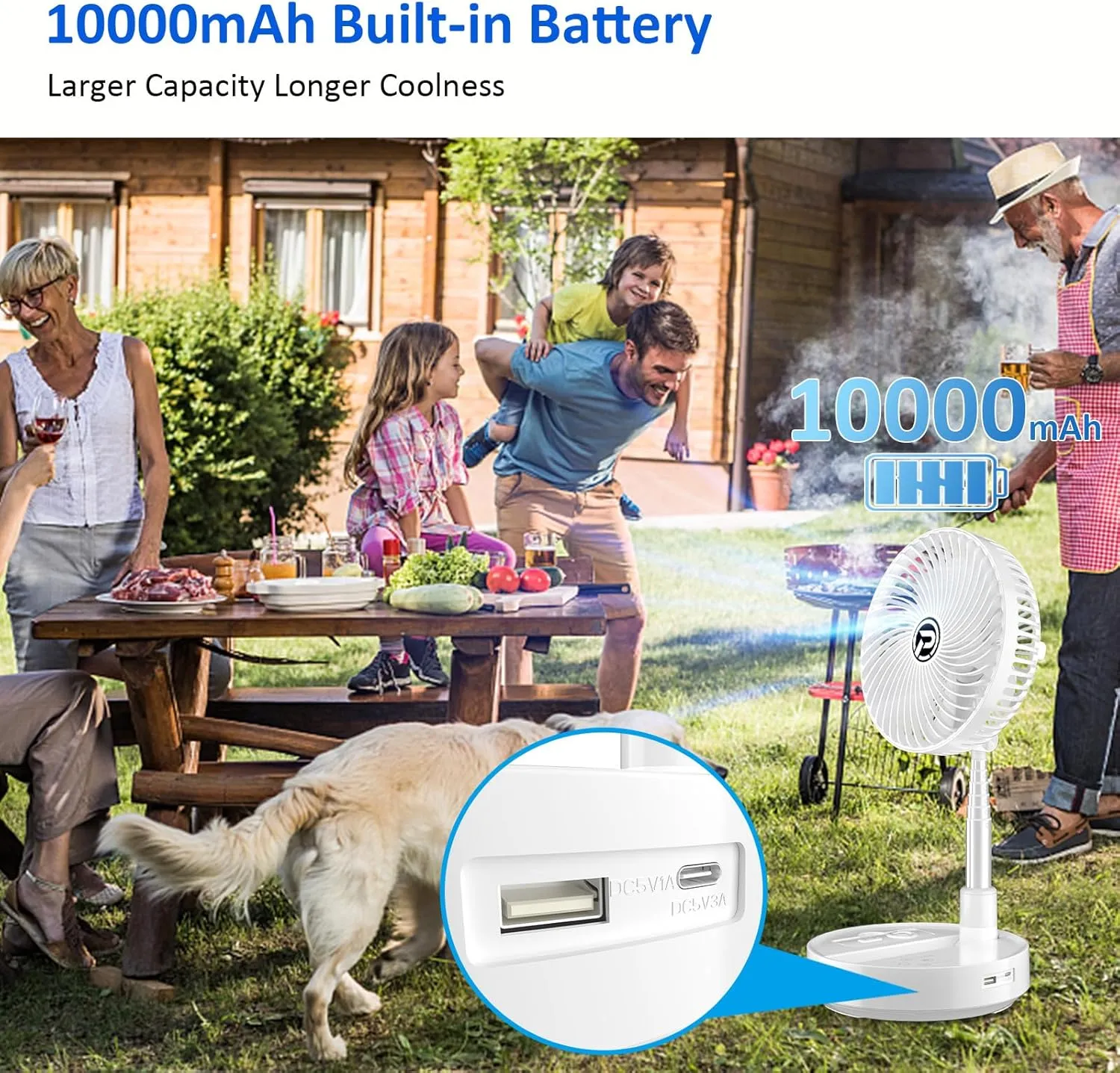 PANERGY Portable Rechargeable Stand Fan with 10000mAh Battery, 8" Folding Pedestal Fan for Bedroom, Travel, and Outdoor Use, USB-Powered Oscillating Floor Fan with Quiet Cooling