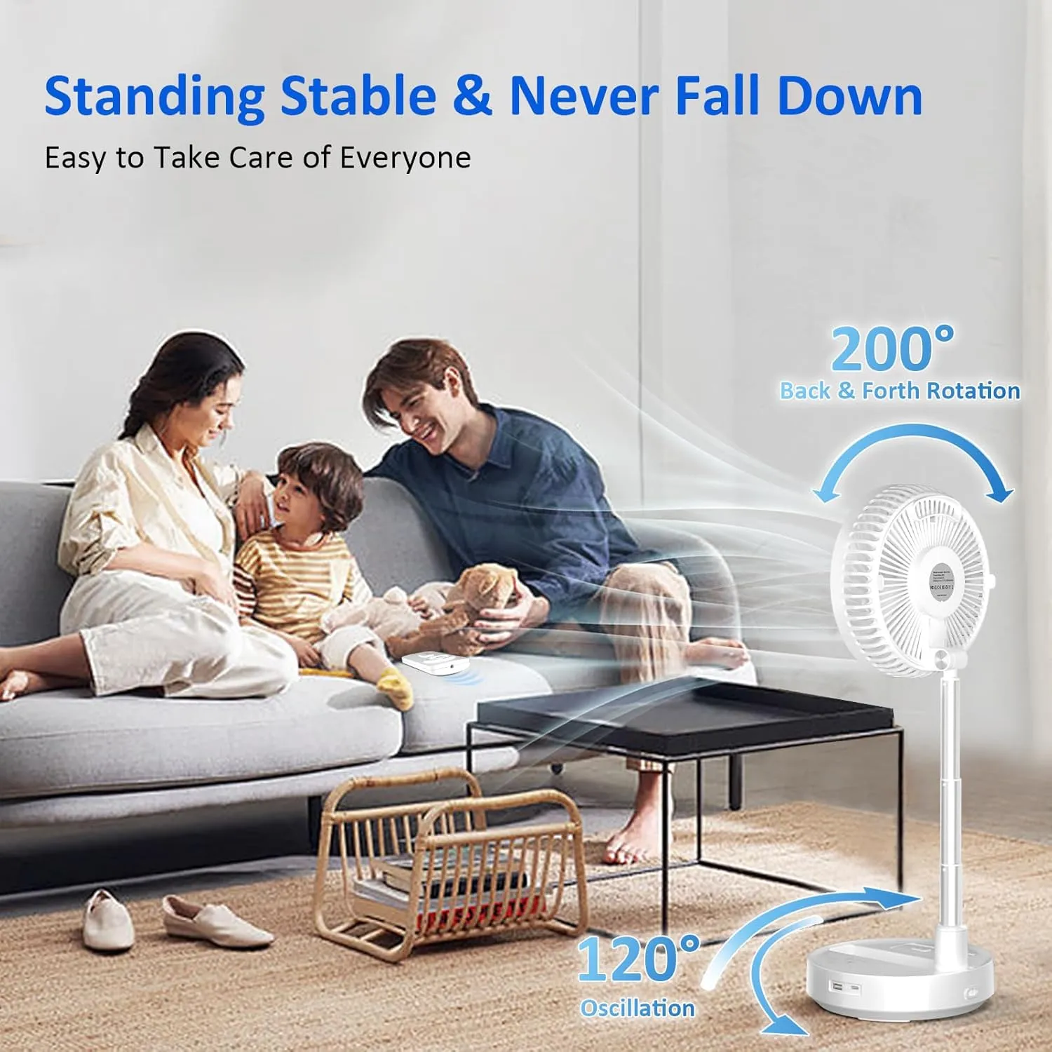 PANERGY Portable Rechargeable Stand Fan with 10000mAh Battery, 8" Folding Pedestal Fan for Bedroom, Travel, and Outdoor Use, USB-Powered Oscillating Floor Fan with Quiet Cooling