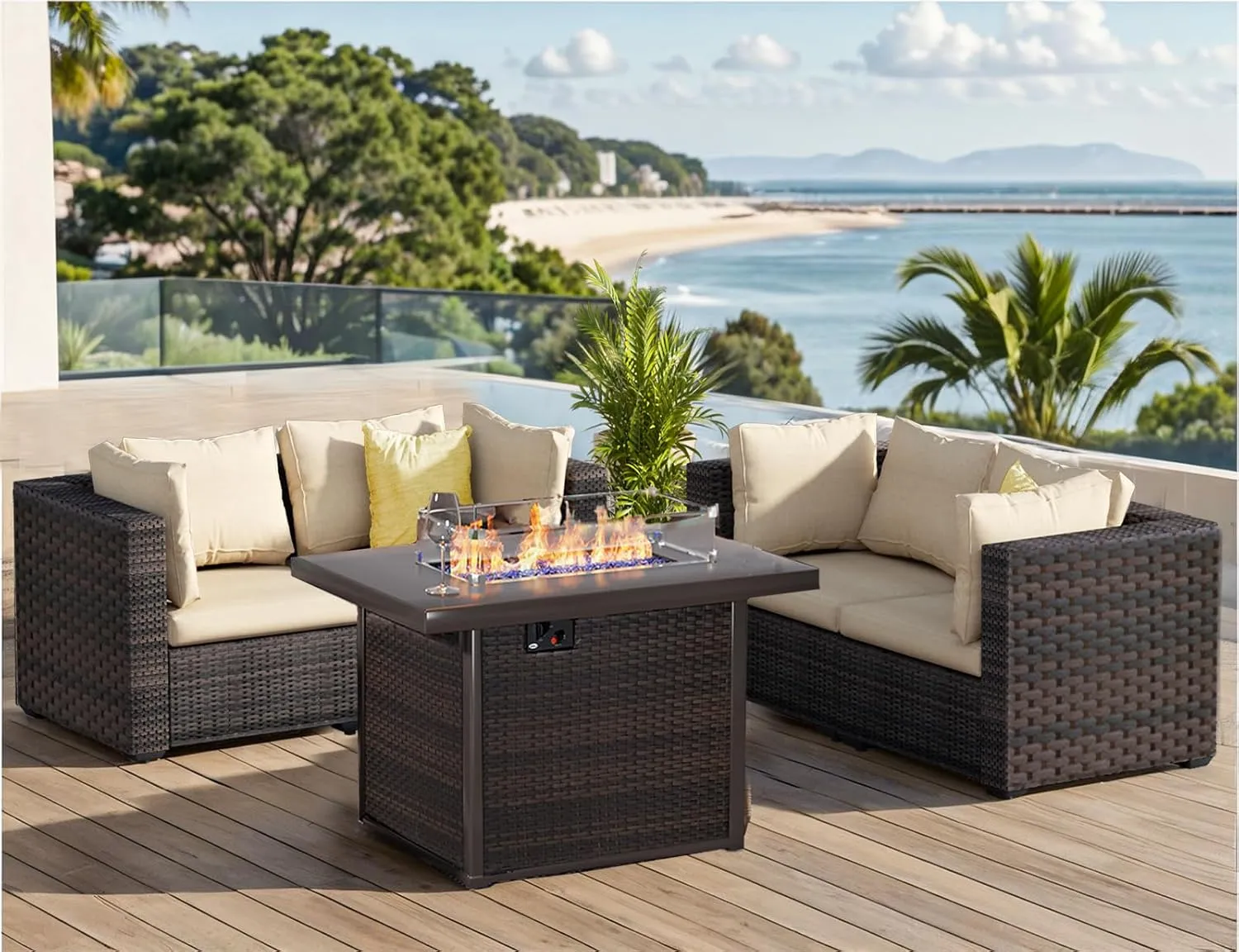 Patio Furniture Set with Fire Pit Table 5 Piece All Weather PE Rattan Outdoor Sectional Sofa Couch with 4 x arm Sofa, No-Slip Cushions for Garden, Poolside, Backyard (Beige)