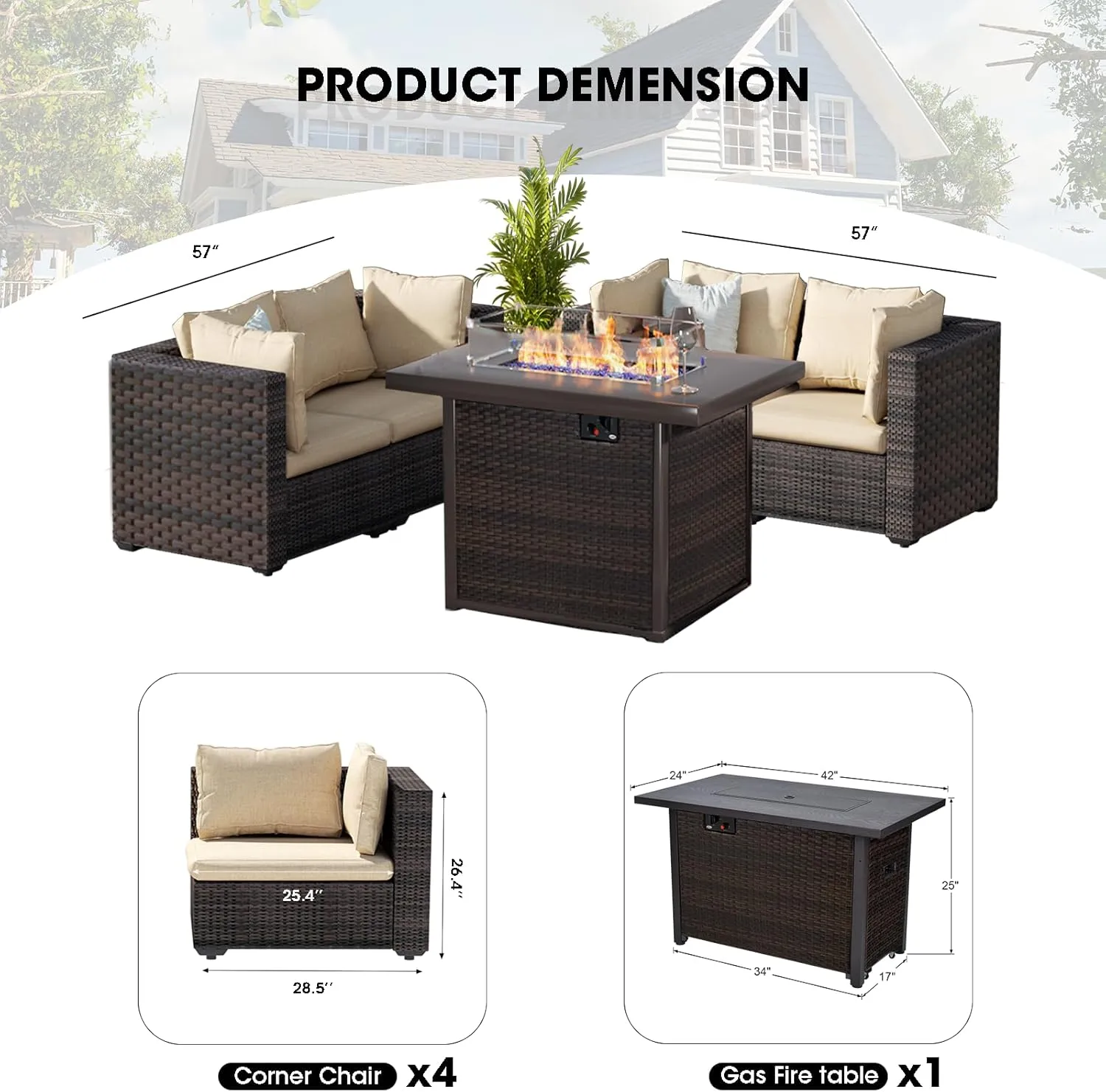 Patio Furniture Set with Fire Pit Table 5 Piece All Weather PE Rattan Outdoor Sectional Sofa Couch with 4 x arm Sofa, No-Slip Cushions for Garden, Poolside, Backyard (Beige)
