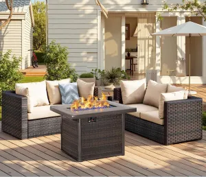 Patio Furniture Set with Fire Pit Table 5 Piece All Weather PE Rattan Outdoor Sectional Sofa Couch with 4 x arm Sofa, No-Slip Cushions for Garden, Poolside, Backyard (Beige)