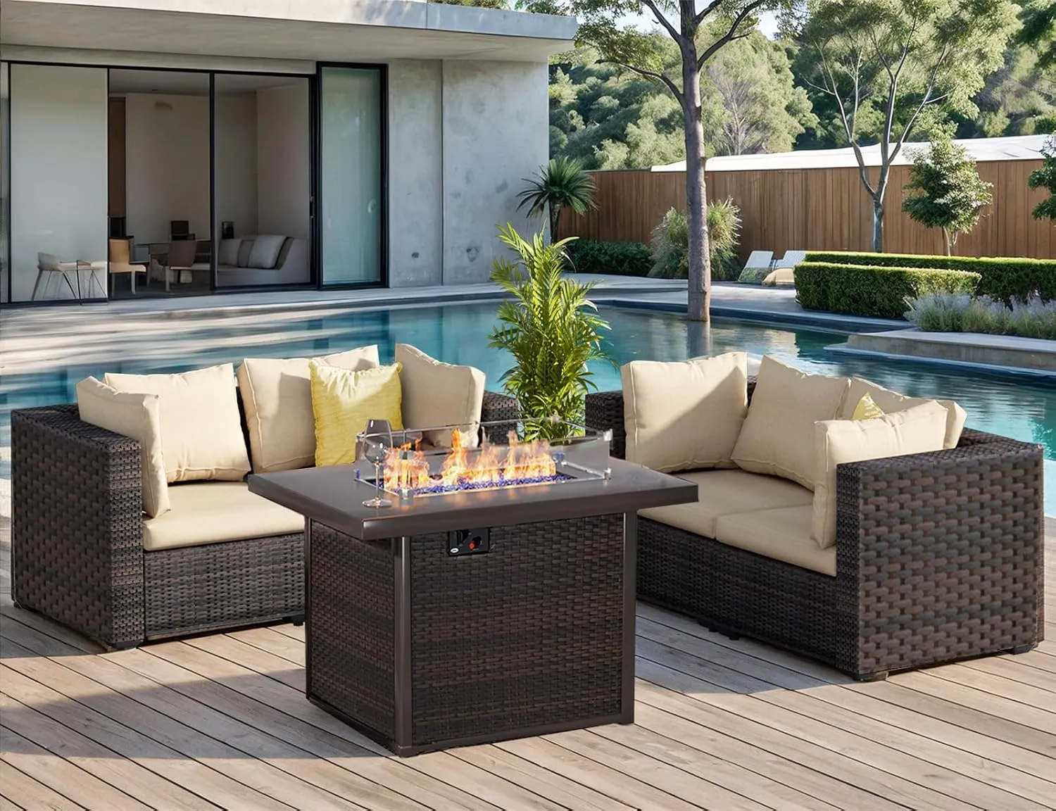 Patio Furniture Set with Fire Pit Table 5 Piece All Weather PE Rattan Outdoor Sectional Sofa Couch with 4 x arm Sofa, No-Slip Cushions for Garden, Poolside, Backyard (Beige)